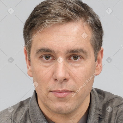 Neutral white adult male with short  brown hair and brown eyes