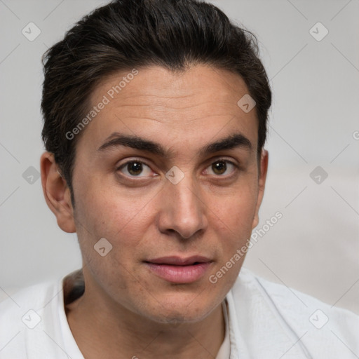 Joyful white young-adult male with short  brown hair and brown eyes