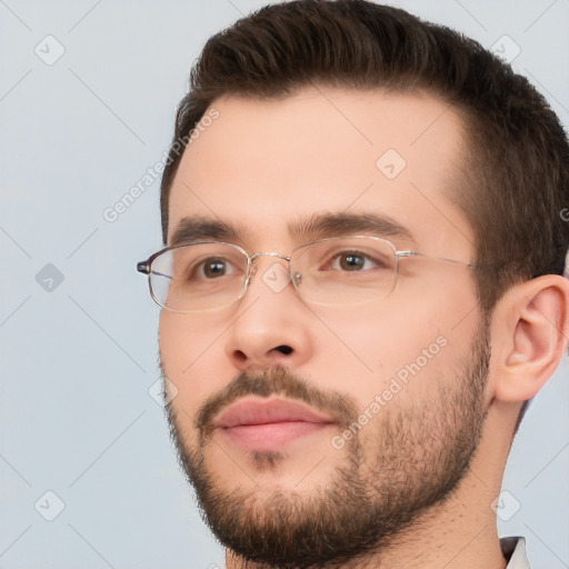 Neutral white young-adult male with short  brown hair and brown eyes