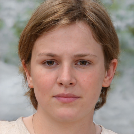 Neutral white young-adult female with medium  brown hair and grey eyes