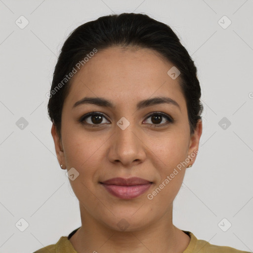 Joyful latino young-adult female with short  brown hair and brown eyes