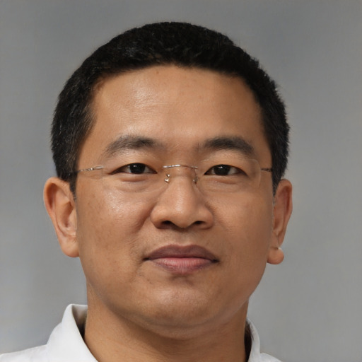 Joyful asian adult male with short  brown hair and brown eyes