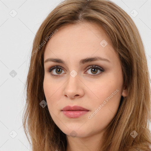 Neutral white young-adult female with long  brown hair and brown eyes