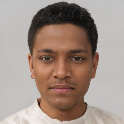 Neutral black young-adult male with short  black hair and brown eyes