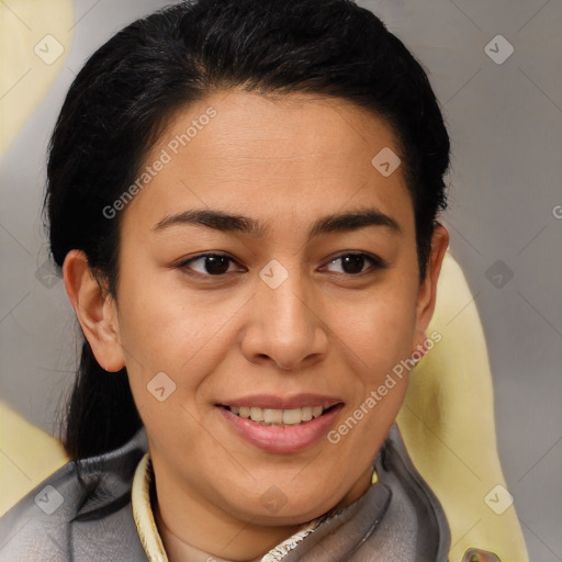 Joyful latino young-adult female with short  brown hair and brown eyes