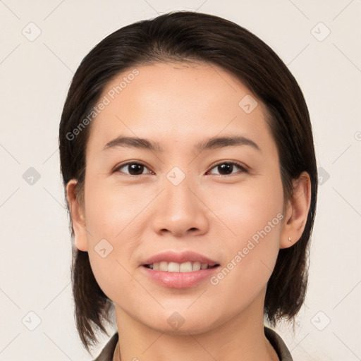 Joyful white young-adult female with medium  brown hair and brown eyes