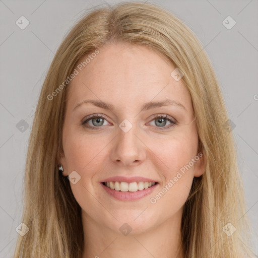 Joyful white young-adult female with long  brown hair and grey eyes