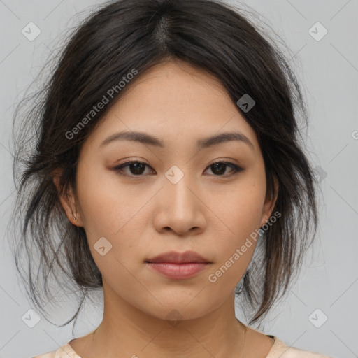 Neutral asian young-adult female with medium  brown hair and brown eyes