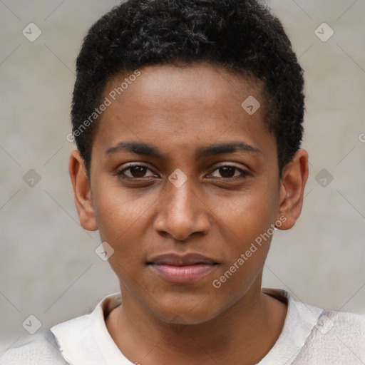 Joyful black young-adult female with short  brown hair and brown eyes