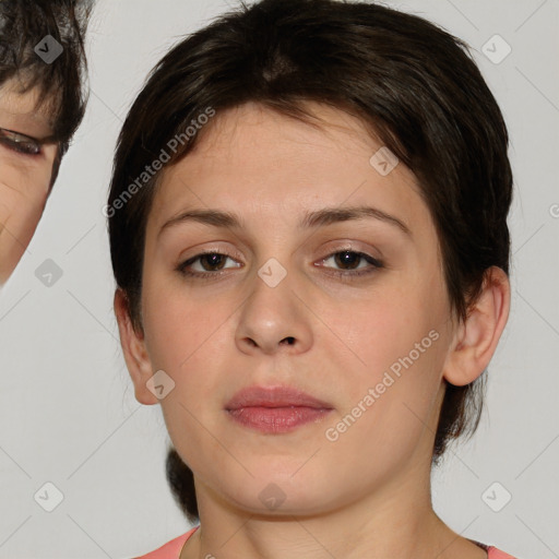 Neutral white young-adult female with medium  brown hair and brown eyes