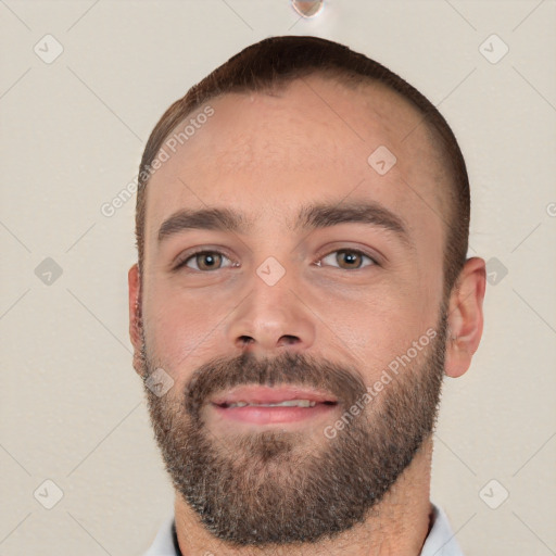 Neutral white young-adult male with short  brown hair and brown eyes