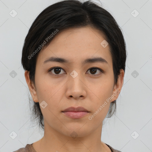 Neutral asian young-adult female with medium  brown hair and brown eyes