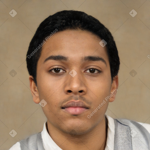 Neutral latino young-adult male with short  black hair and brown eyes