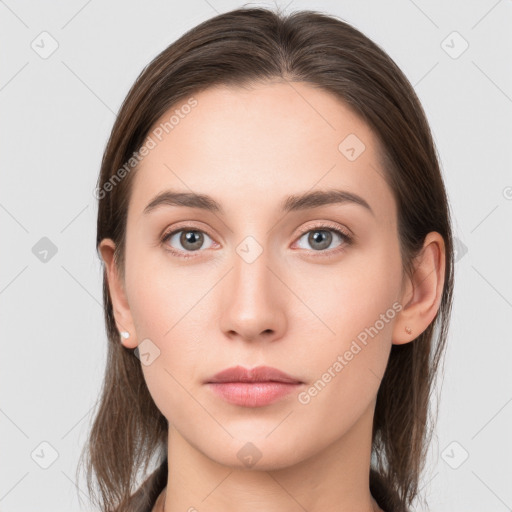 Neutral white young-adult female with long  brown hair and grey eyes