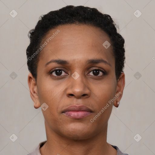 Neutral black young-adult female with short  brown hair and brown eyes