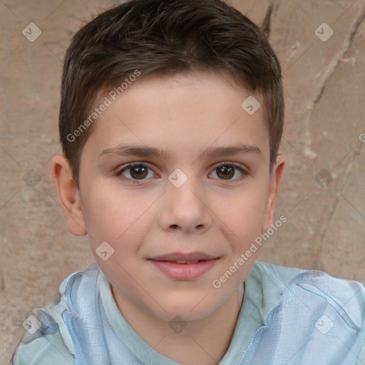 Joyful white child male with short  brown hair and brown eyes