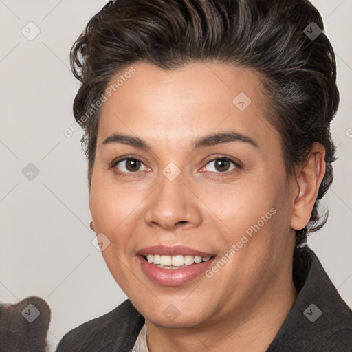 Joyful white adult female with short  brown hair and brown eyes