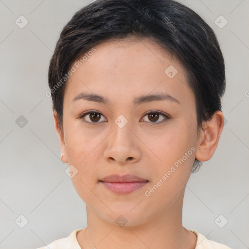 Neutral asian young-adult female with short  brown hair and brown eyes