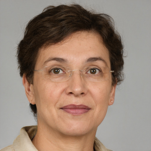 Joyful white adult female with short  brown hair and grey eyes