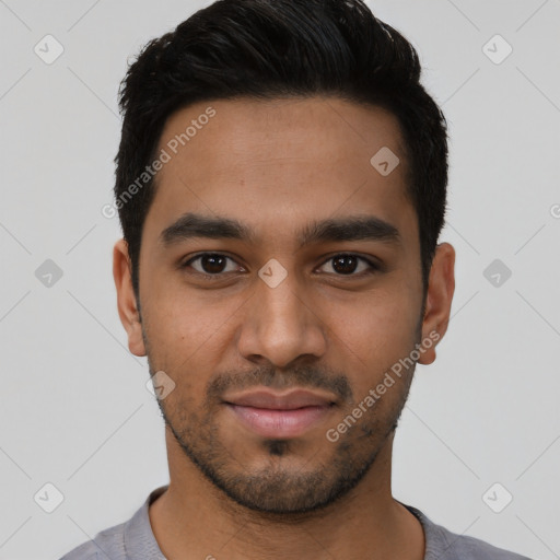 Neutral latino young-adult male with short  black hair and brown eyes