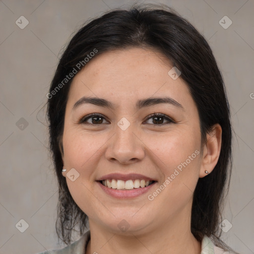 Joyful white young-adult female with medium  brown hair and brown eyes