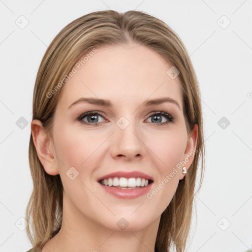 Joyful white young-adult female with long  brown hair and grey eyes