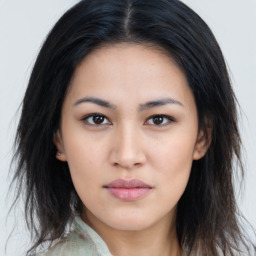 Neutral asian young-adult female with long  brown hair and brown eyes