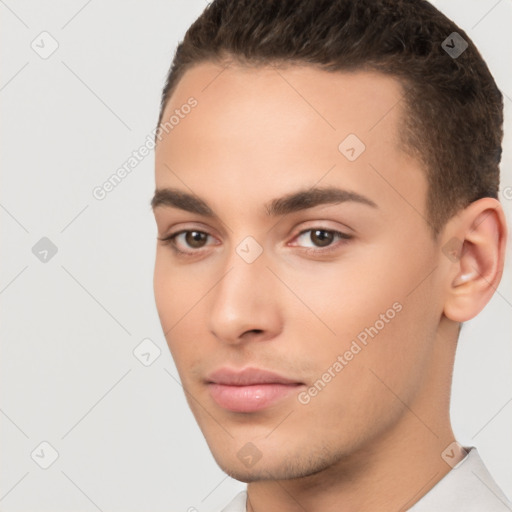 Neutral white young-adult male with short  brown hair and brown eyes