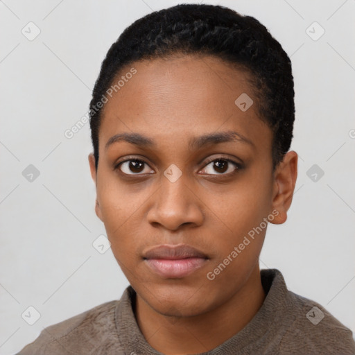 Neutral black young-adult female with short  black hair and brown eyes