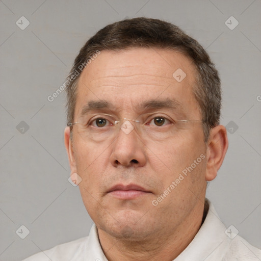 Neutral white adult male with short  brown hair and brown eyes