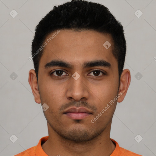 Neutral latino young-adult male with short  black hair and brown eyes