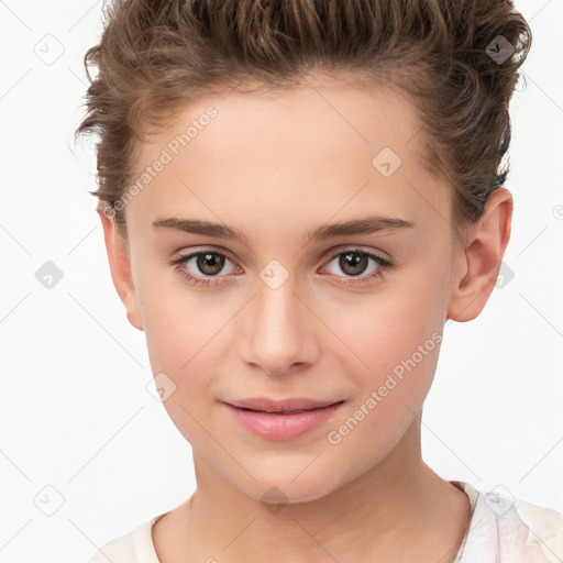 Joyful white child female with short  brown hair and brown eyes