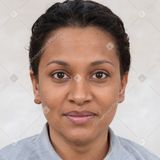 Joyful white adult female with short  brown hair and brown eyes