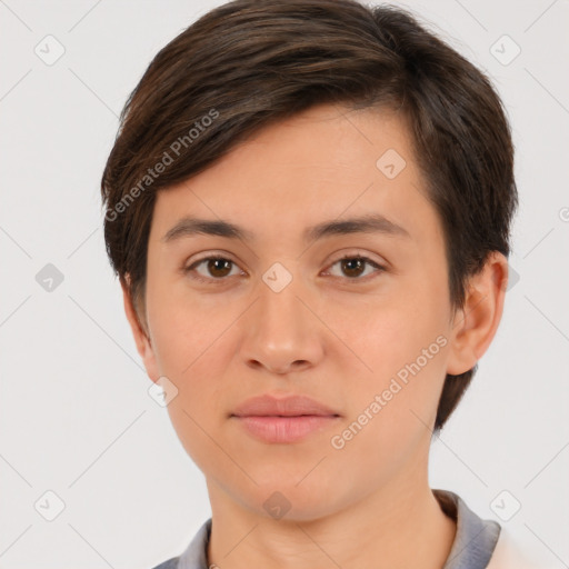 Neutral white young-adult female with short  brown hair and brown eyes