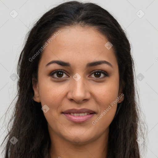 Joyful latino young-adult female with long  brown hair and brown eyes