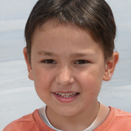 Joyful white child female with short  brown hair and brown eyes