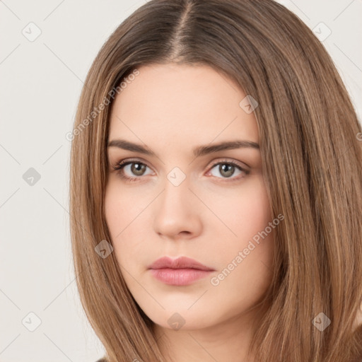 Neutral white young-adult female with long  brown hair and brown eyes