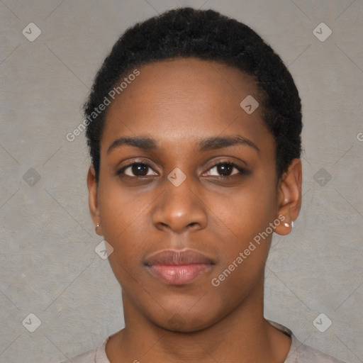 Neutral black young-adult female with short  black hair and brown eyes