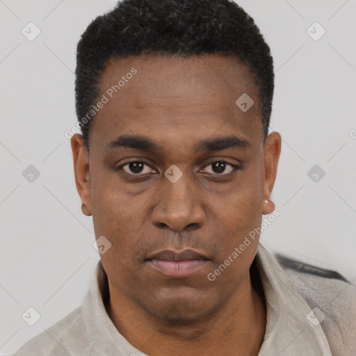 Neutral black young-adult male with short  black hair and brown eyes