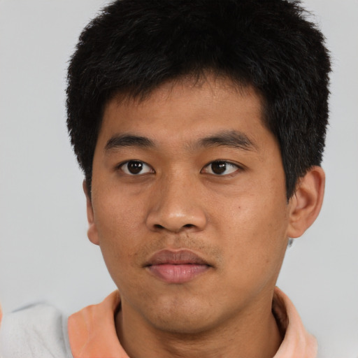 Neutral asian young-adult male with short  black hair and brown eyes