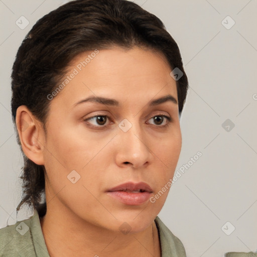 Neutral white young-adult female with medium  brown hair and brown eyes