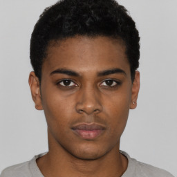 Neutral black young-adult male with short  black hair and brown eyes