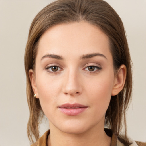 Neutral white young-adult female with medium  brown hair and brown eyes