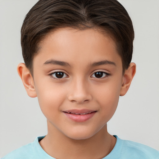 Joyful white child female with short  brown hair and brown eyes