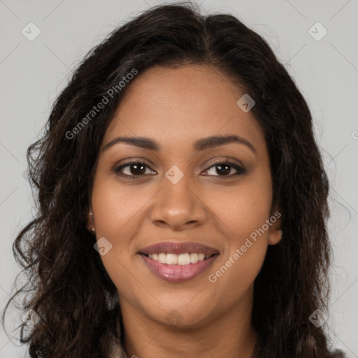 Joyful latino young-adult female with long  brown hair and brown eyes