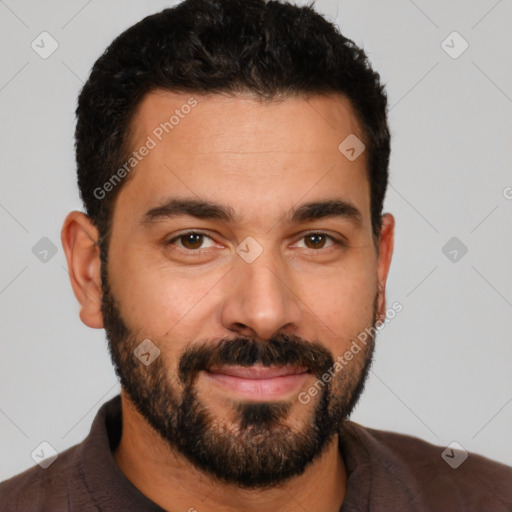 Neutral latino young-adult male with short  black hair and brown eyes