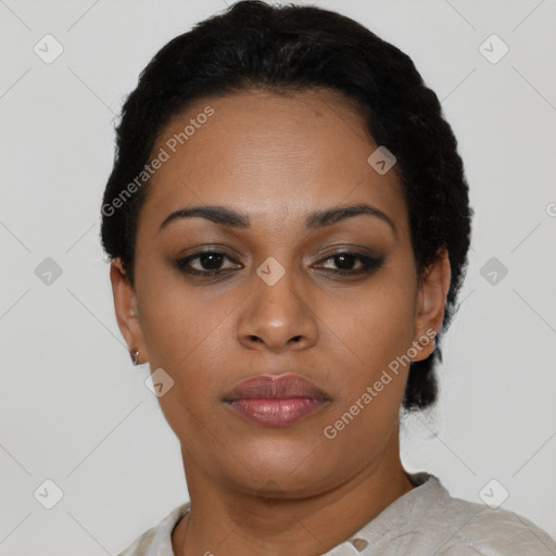 Neutral black young-adult female with short  black hair and brown eyes