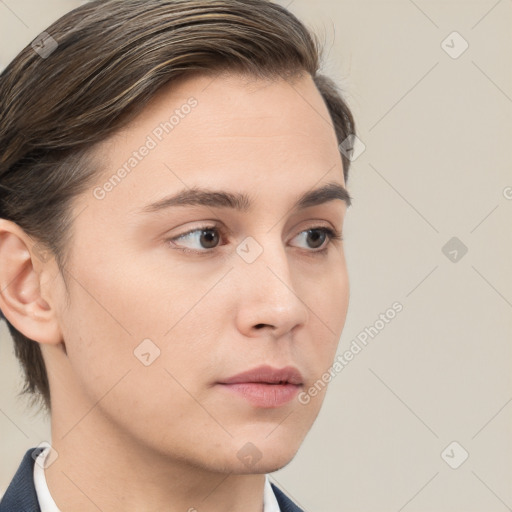 Neutral white young-adult female with medium  brown hair and brown eyes