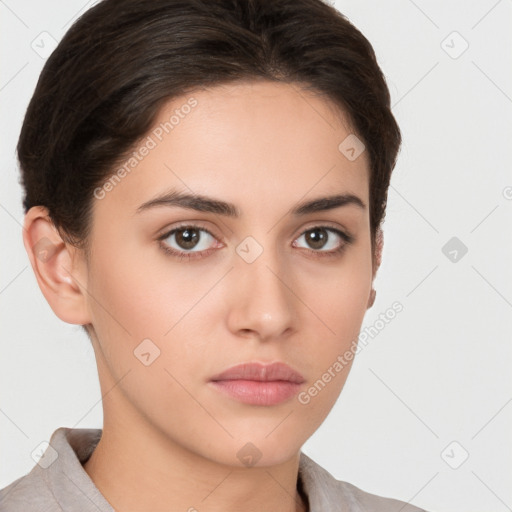 Neutral white young-adult female with short  brown hair and brown eyes