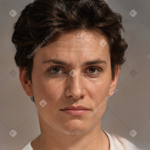 Joyful white adult female with short  brown hair and brown eyes